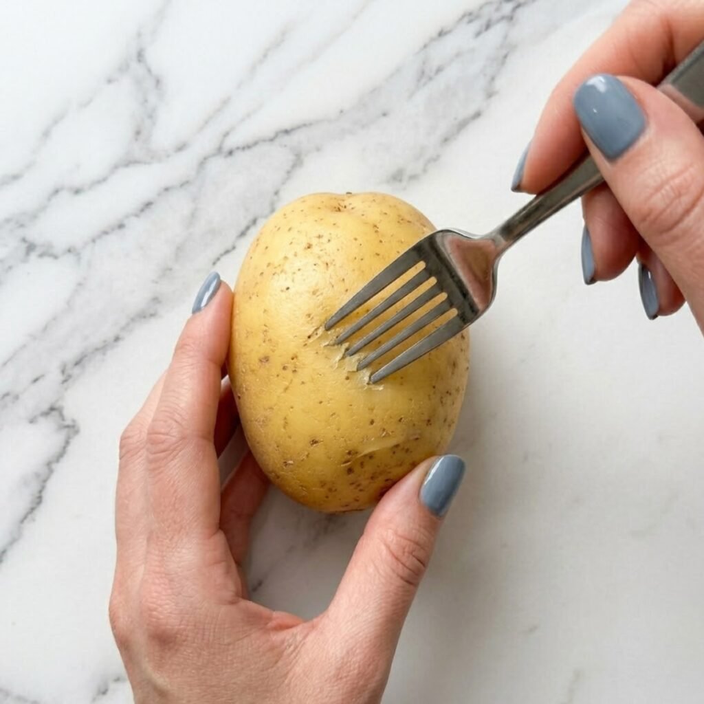 A close-up top-down view of a woman with fog blue nails piercing a raw Yukon Gold potato with a fork to prepare it for baking on a clean white marble counter.