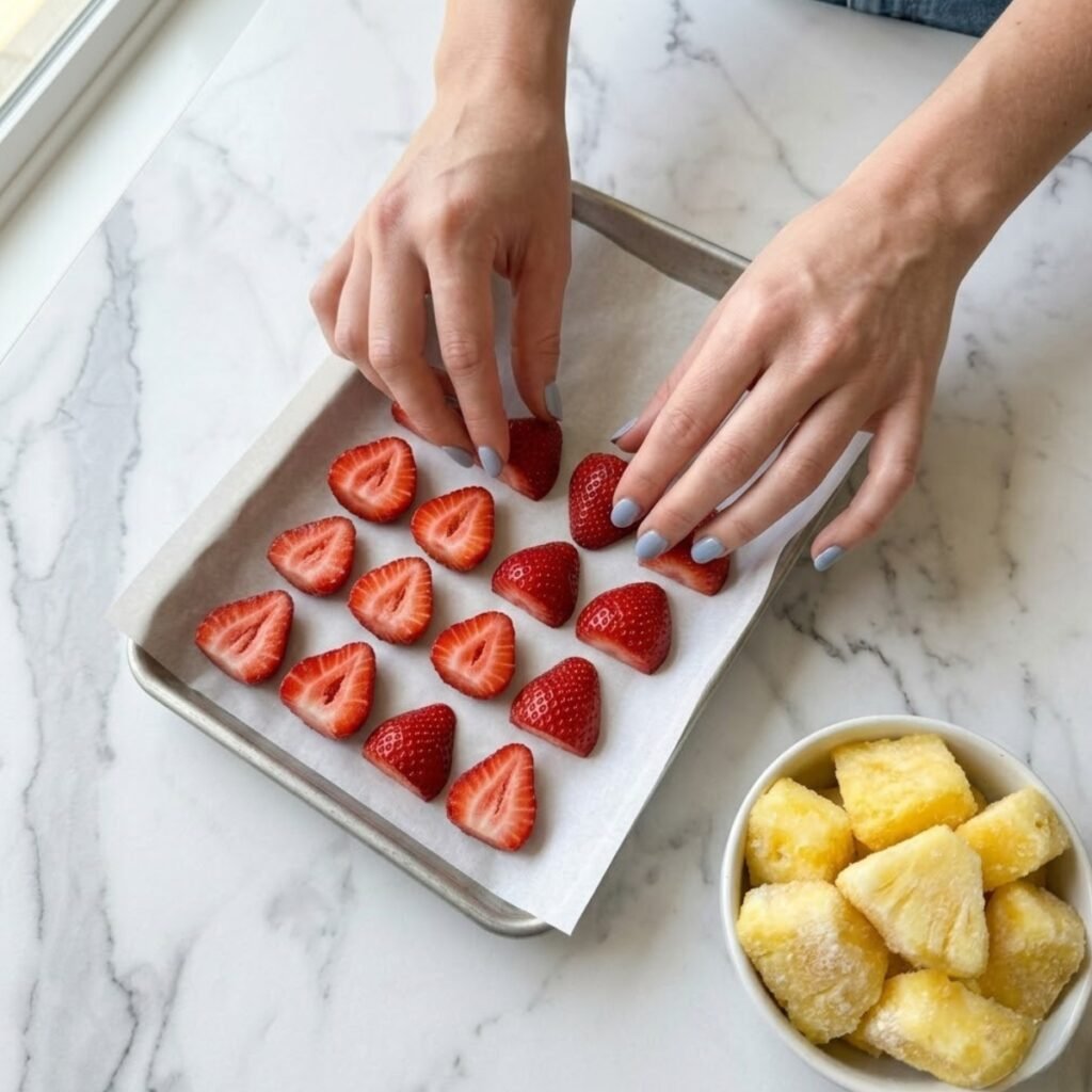 Close-up of hands with fog blue nails arranging fresh strawberry halves on a parchment-lined tray on a marble counter.