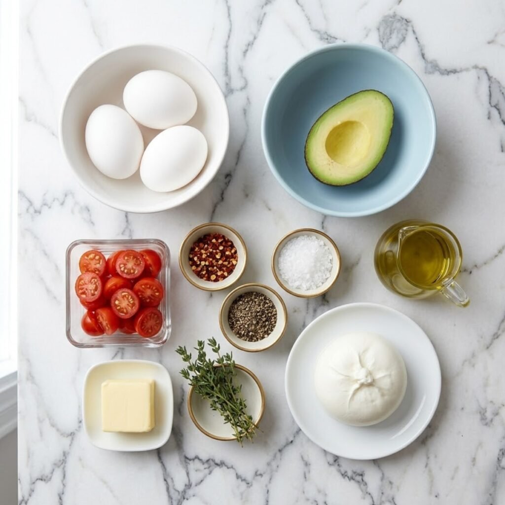 Top-down view of ingredients for a healthy breakfast plate including eggs, avocado, cherry tomatoes, and burrata in various ceramic and glass bowls on a marble counter.