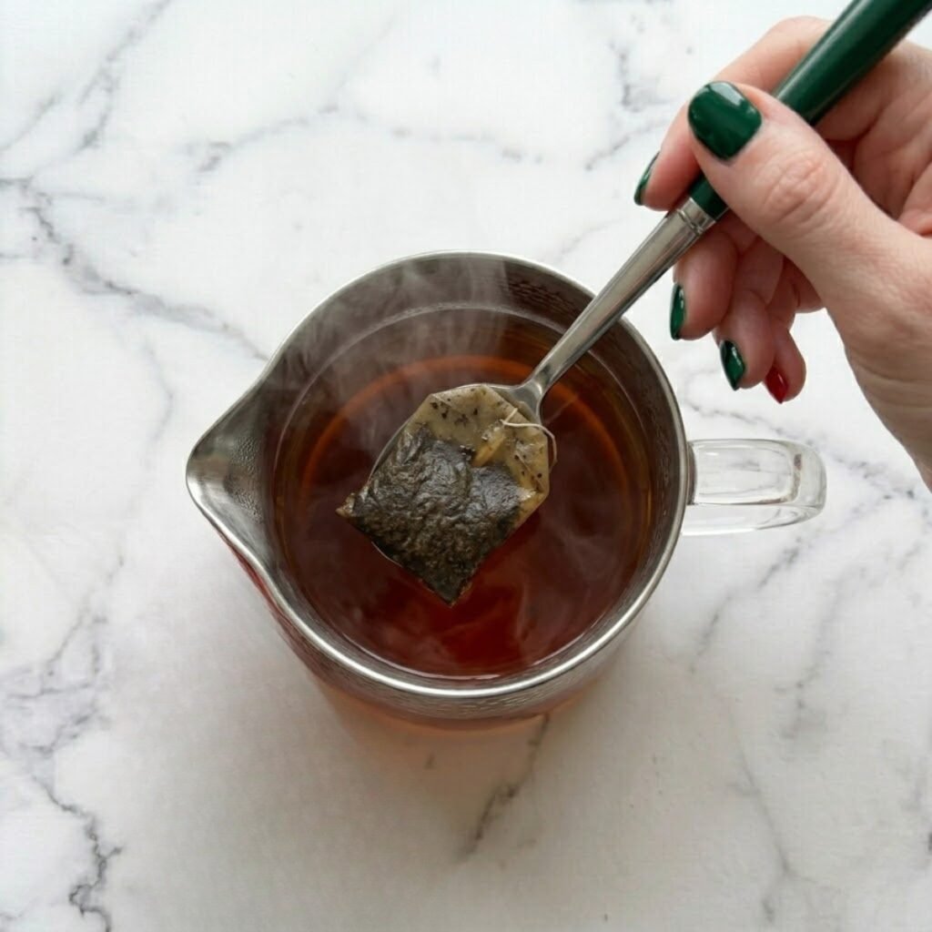 A close-up overhead top-down view of a woman with dark emerald green nails using a long spoon to remove spent black tea bags from a heatproof pitcher filled with dark amber steeping tea on a white marble counter.