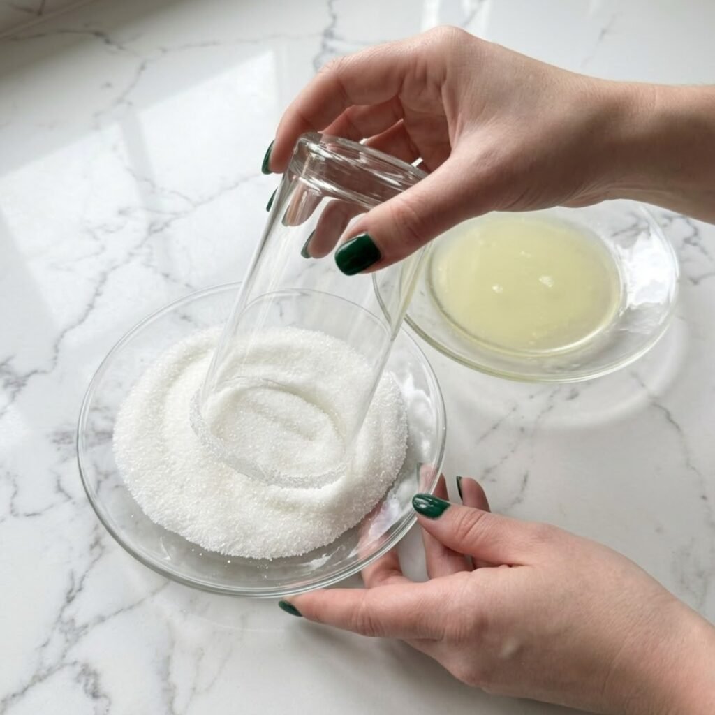 Hands with emerald green nails pressing the rim of a tall glass into a plate of white granulated sugar to create a crystalline border.
