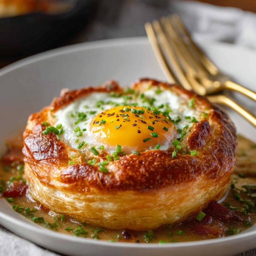 A golden flaky puff pastry breakfast pot pie on a white plate, with a sunny-side-up egg baked into the center, garnished with fresh chives and cracked black pepper, served with a savory sauce and gold forks alongside.