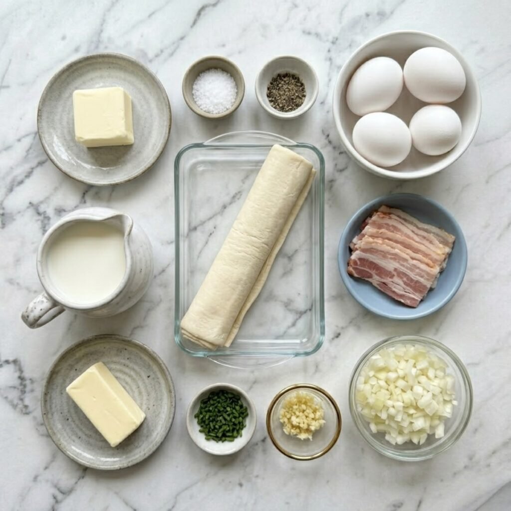 Top-down view of ingredients for breakfast pot pie including puff pastry, eggs, bacon, onion, garlic, milk, flour, butter, and chives in various dishes on a marble counter.