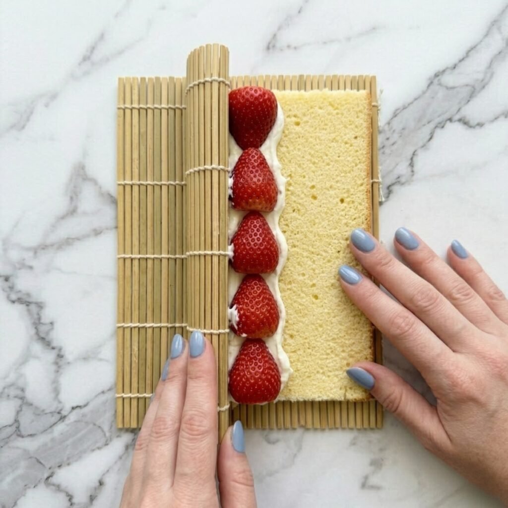 An overhead top-down close-up view of a woman with Fog Blue nails using a bamboo sushi mat to tightly roll a flattened sponge cake base over a row of whole fresh strawberries and cream cheese filling, creating a dessert sushi log on a white marble counter.