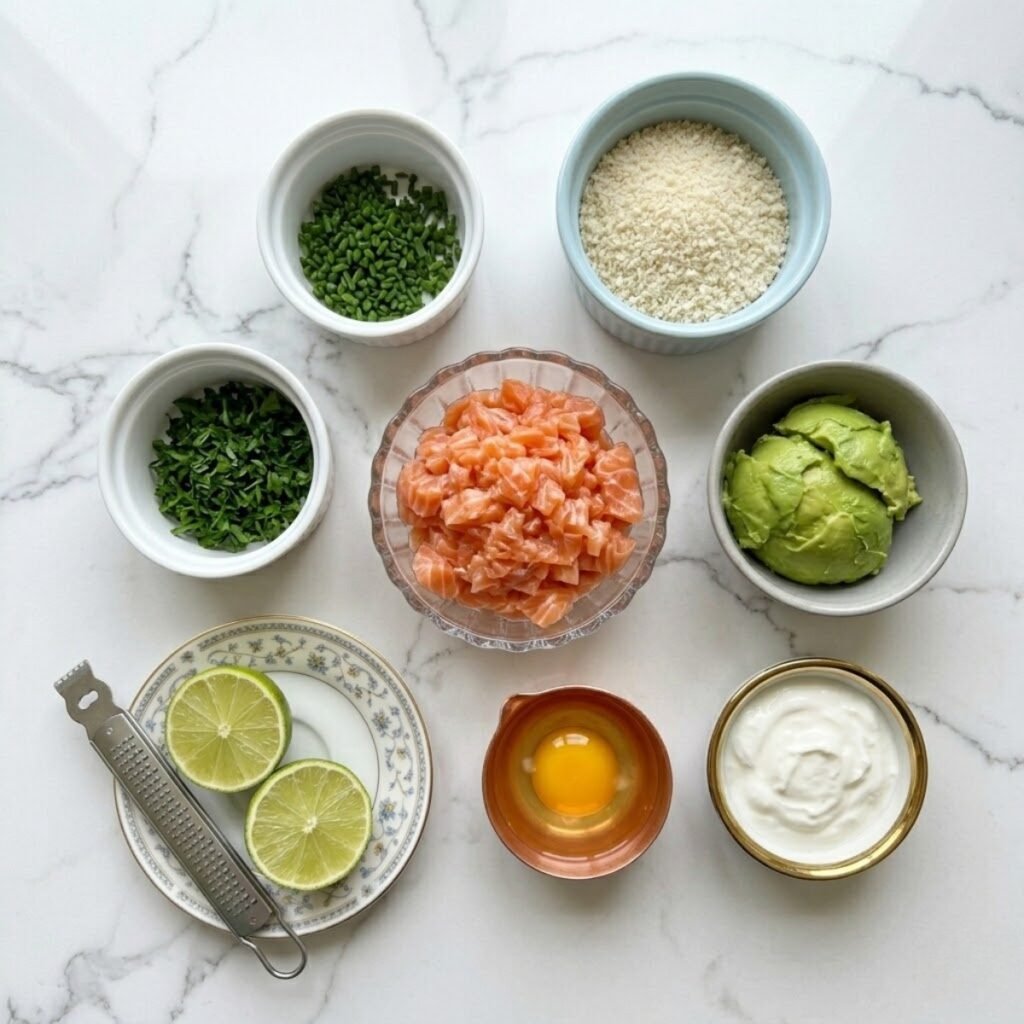 An overhead shot of pre-measured ingredients for salmon balls, including hand-chopped fresh salmon, panko, egg, herbs, avocados, Greek yogurt, and lime, arranged in varied premium bowls and ramekins on a high-end white marble kitchen counter with grey veining.