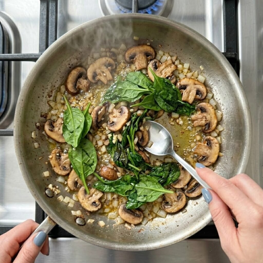 An overhead top-down close-up of a woman with fog blue nails sautéing sliced mushrooms, diced onions, and fresh spinach in a sizzling stainless steel skillet on a gas stovetop with a visible blue flame, creating a hearty vegetable filling.