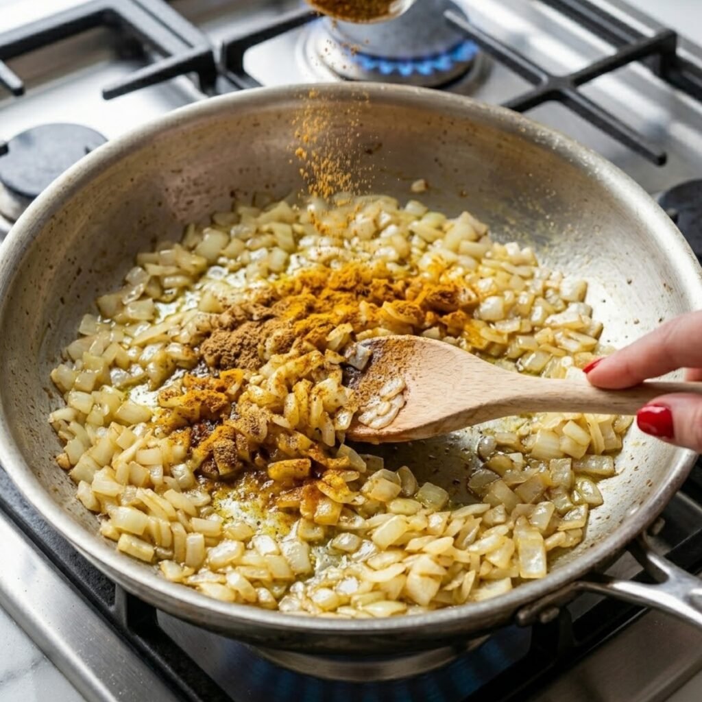 Hands stirring diced onions and yellow spices in a skillet on a stovetop to create a fragrant aromatic base.
