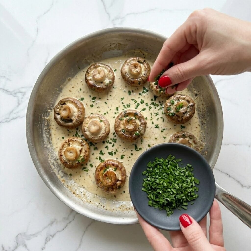 A close-up overhead top-down view of a woman with baby pink nails scattering freshly chopped parsley over a completed skillet of Garlic Parmesan Mushrooms resting on a high-end white marble counter, showcasing the final garnished dish.