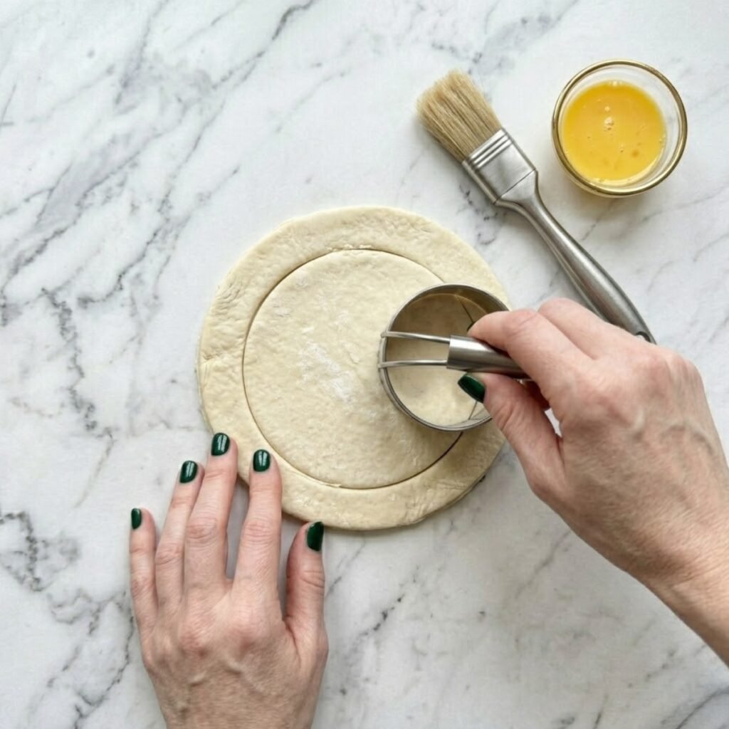 Close-up of hands with emerald green nails scoring an inner circle on a puff pastry round using a small cutter on a marble surface.