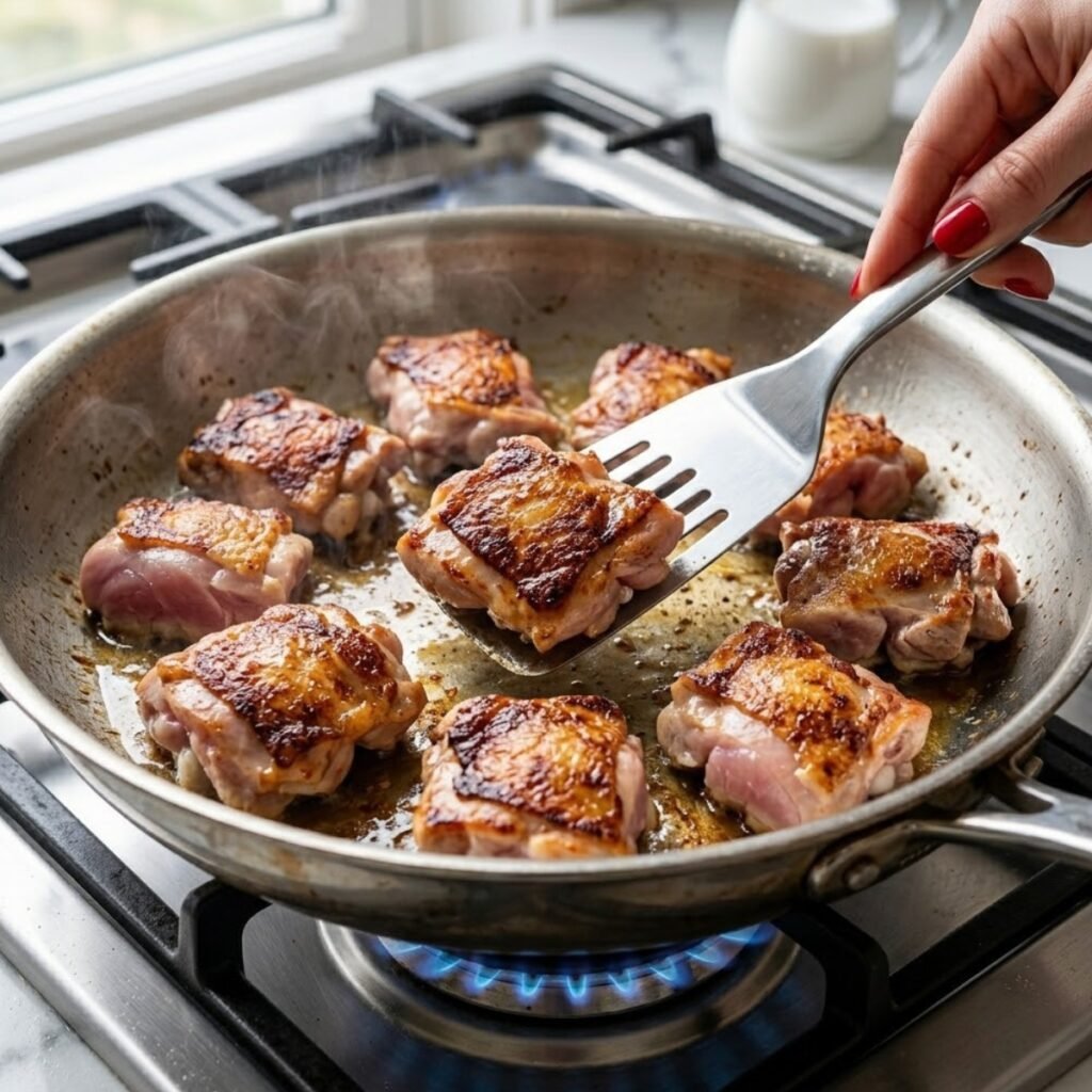 Close-up of seasoned chicken chunks searing in a stainless steel pan on a gas stove, showing caramelized edges and sizzling oil.