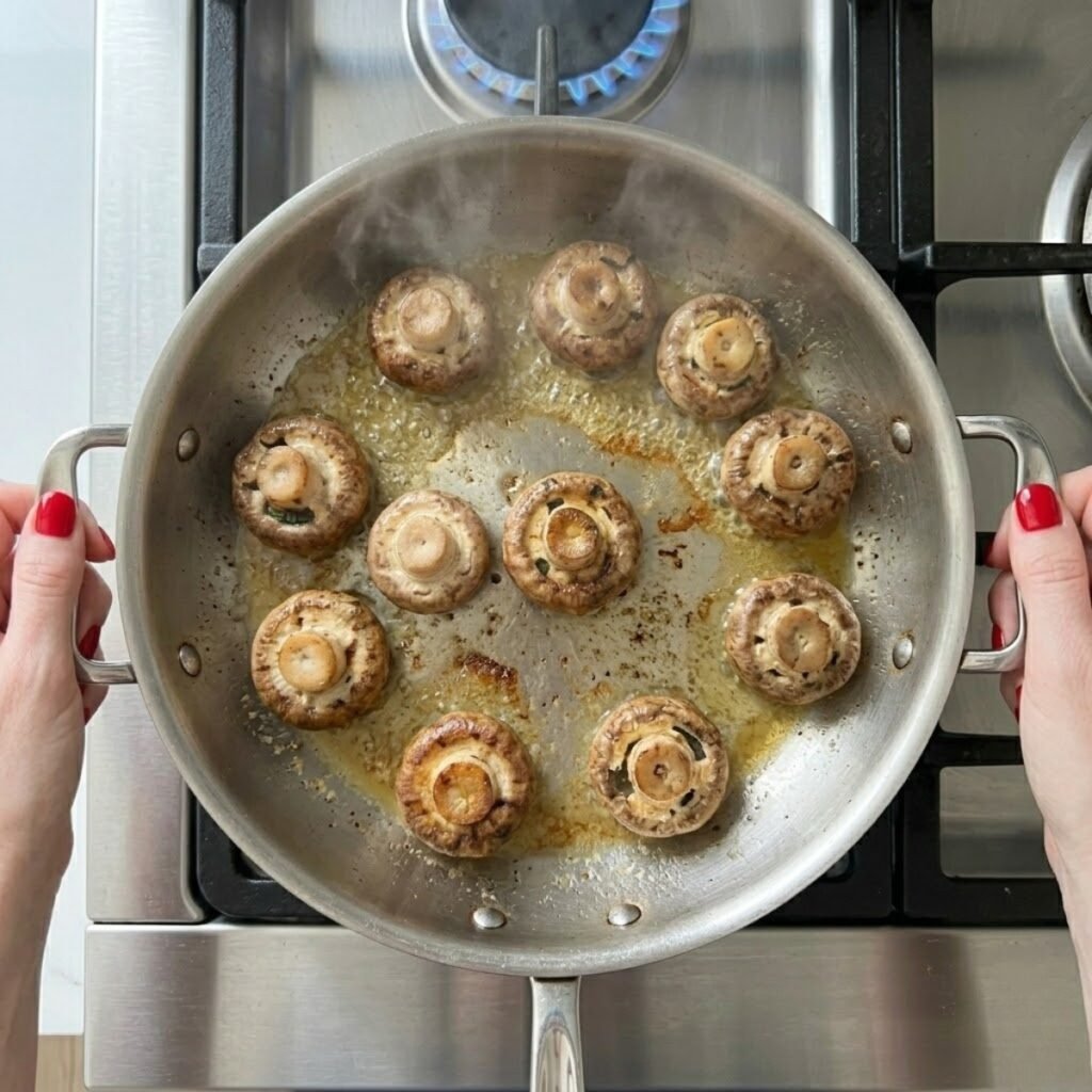 A close-up overhead top-down view of a woman with baby pink nails searing whole cremini mushrooms and melted butter in a hot, wide skillet inside a wide skillet inside on a gas stovetop with a visible blue flame. Sizzling action.