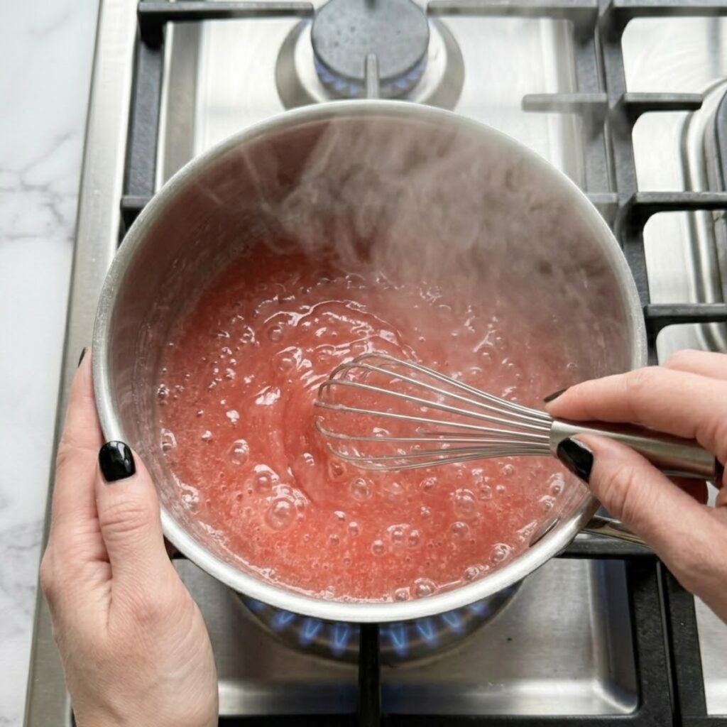 A close-up overhead top-down view of a woman with glossy black nails whisking a vibrant, bright pink guava glaze in a small stainless steel saucepan on a gas stovetop over a blue flame, creating a rich, glossy gel. Aggressive steam is rising.