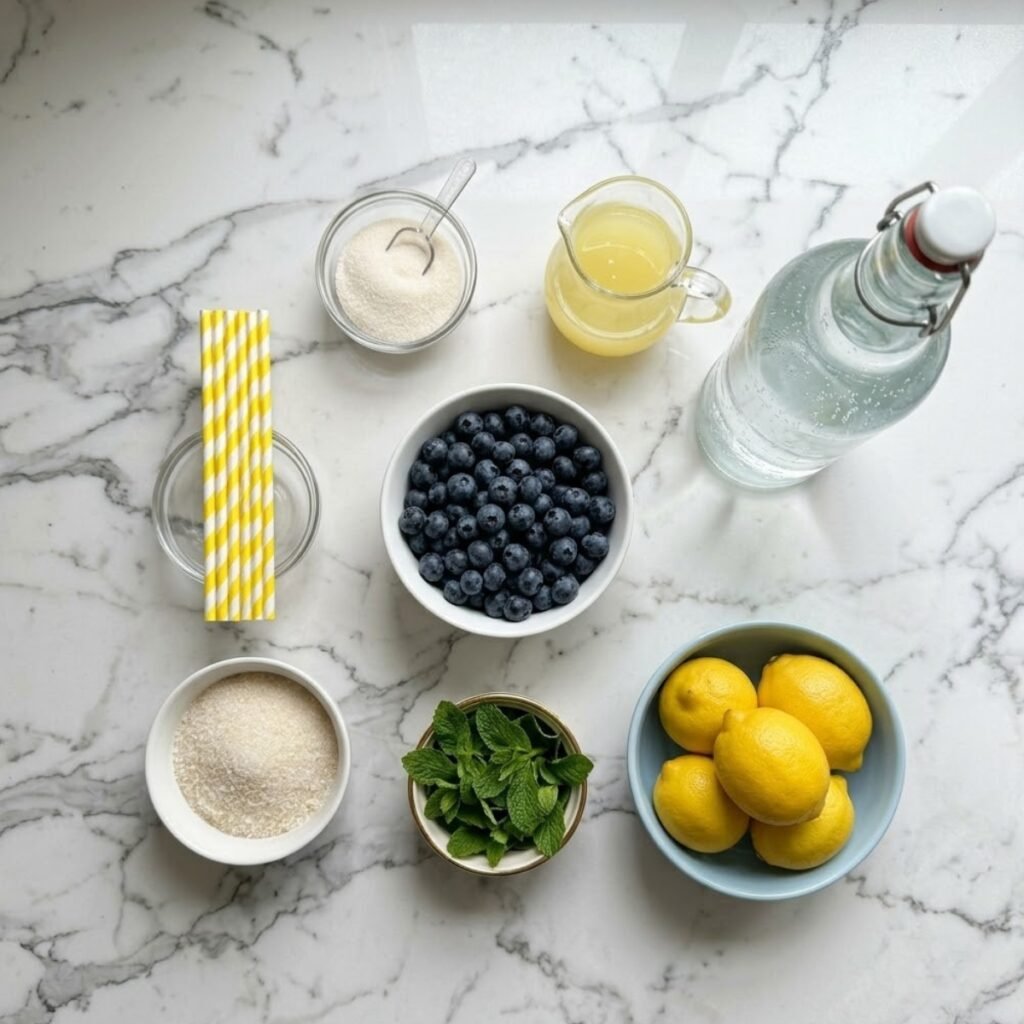 Top-down view of ingredients for sparkling purple lemonade including fresh blueberries, lemons, sparkling water, sugar, and mint in premium bowls and glass pitchers on a white marble counter.