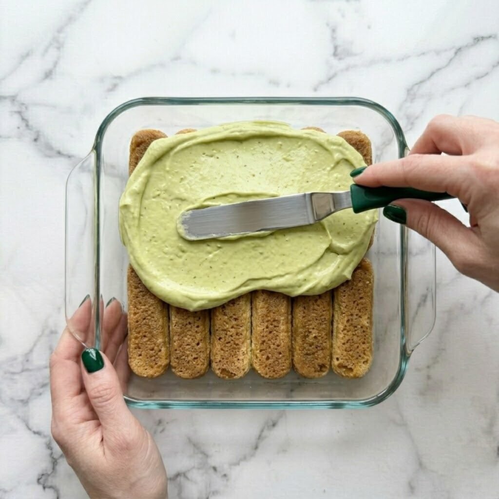 An overhead top-down close-up view of a woman with emerald green nails using an offset spatula to spread a thick, smooth layer of pale green pistachio cream evenly over coffee-soaked ladyfingers inside a glass 8x8-inch baking dish on a marble kitchen counter.