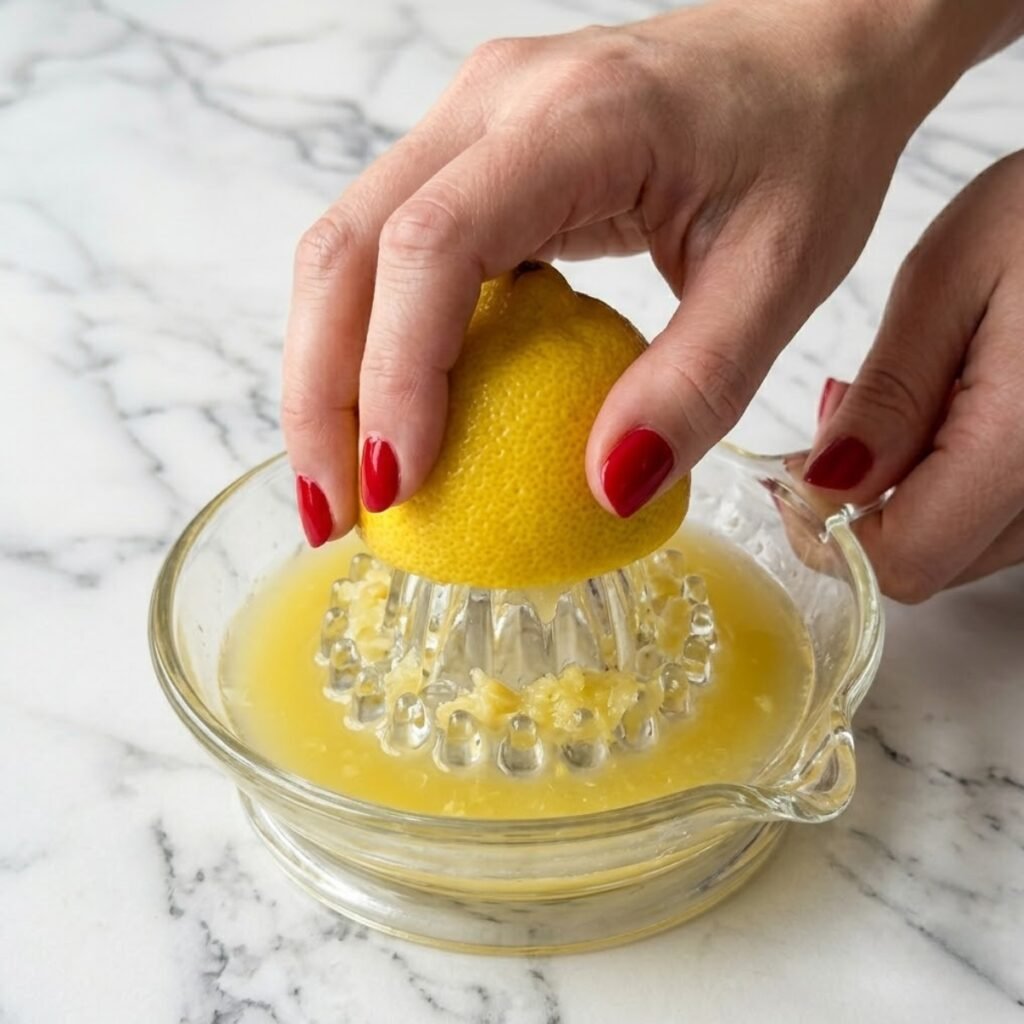 A close-up top-down view of a woman with classic red nails pressing a half lemon on a glass citrus juicer, straining the juice as it collects, on a clean white marble counter.