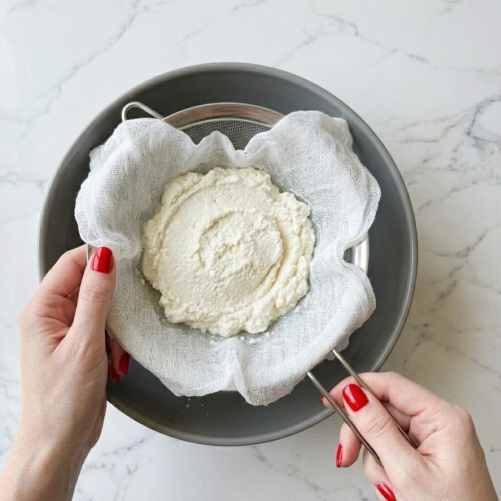 Close-up top-down view of a hand with Classic Red nails holding a cheesecloth-lined fine mesh strainer over a bowl, illustrating the thickened, drained full-fat ricotta releasing moisture onto a white marble counter.