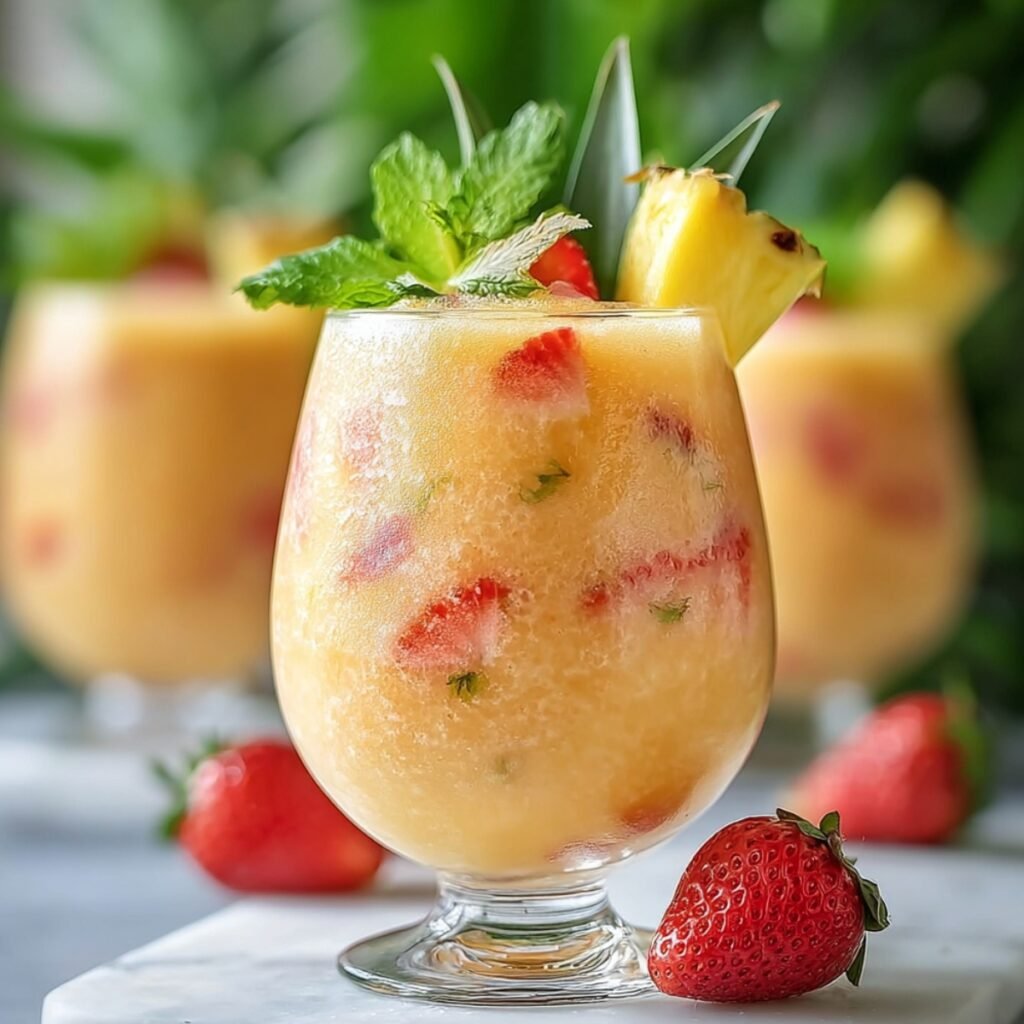 A chilled glass of Strawberry Pineapple Swirled Slushie with visible strawberry chunks, garnished with fresh mint, a pineapple wedge, and surrounded by fresh strawberries.