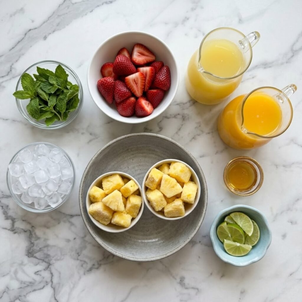 Top-down view of slushie ingredients including frozen pineapple, fresh strawberries, juices, and honey in various bowls on a white marble counter.