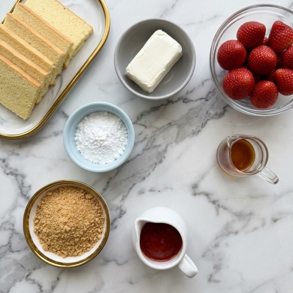 An overhead shot of pre-measured ingredients for Strawberry Shortcake Cheesecake Sushi Rolls, including thin sponge cake, cream cheese, powdered sugar, vanilla extract, whole fresh strawberries, crushed graham crackers, and strawberry syrup, all arranged in varied, cohesive premium bowls and dishes on a high-end white marble counter.