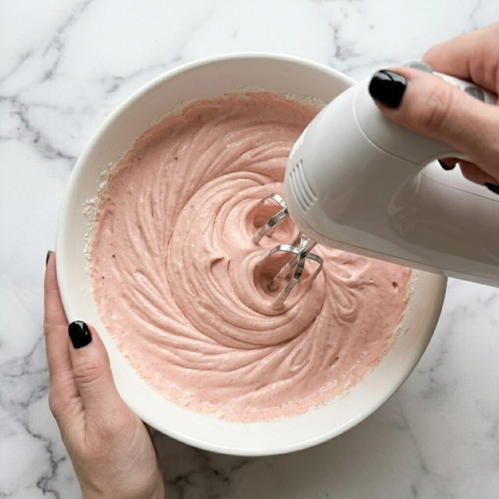 An overhead top-down close-up view of a woman with glossy black nails using an electric hand mixer to whip heavy cream into stiff, airy peaks, which will become the thick, pale-pink guava mousse layer, inside a large ceramic bowl on a white marble counter.