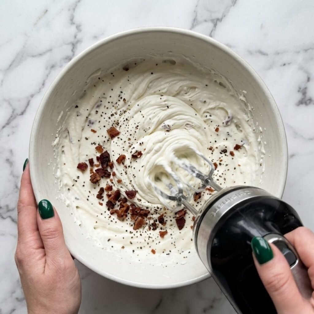 Close up overhead view of a woman using an electric hand mixer to whip a savory, airy cream cheese and bacon filling in a mixing bowl.