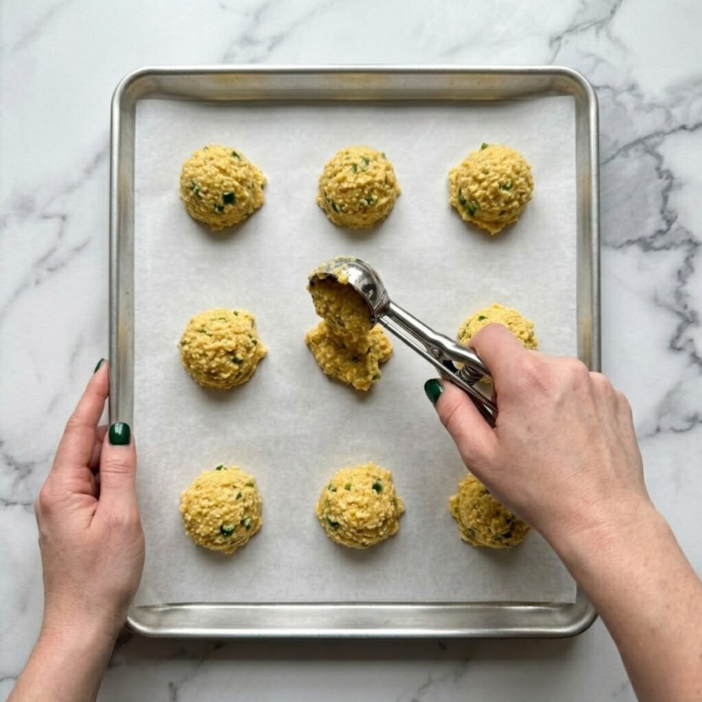 Top down view of a woman using a medium cookie scoop to drop perfectly portioned mounds of thick, jalapeno-studded cornbread batter onto a parchment-lined baking sheet.