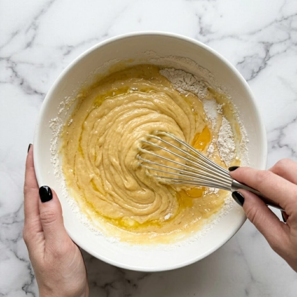A close-up top-down view of a woman with glossy black nails vigorously whisking eggs, butter, and sugar into a golden sponge cake batter in a large ceramic mixing bowl on a white marble counter.