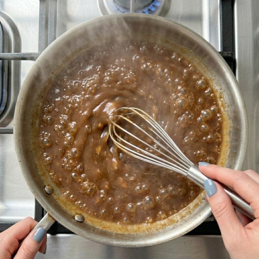 A close-up overhead top-down view of a woman with fog blue nails vigorously whisking a simmering, glossy brown vegetable gravy in a large stainless steel skillet on a stovetop, ensuring it becomes a rich sauce.