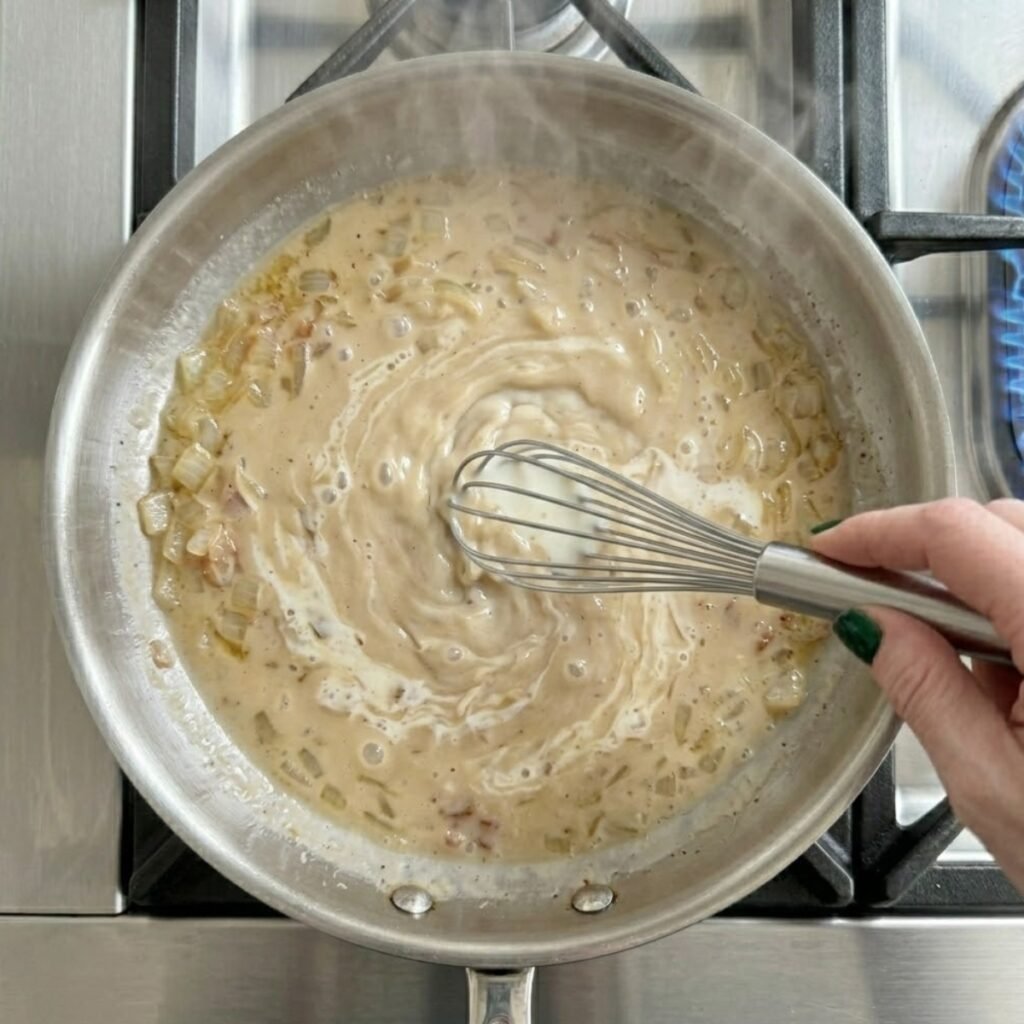 A hand whisking white milk into a flour and onion mixture in a skillet to create a smooth, glossy breakfast gravy.