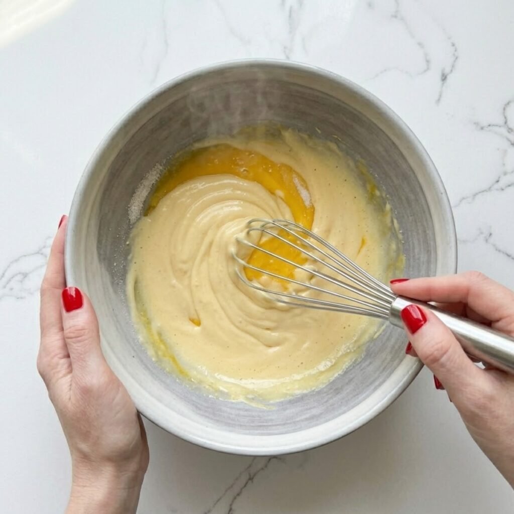 A close-up overhead top-down view of a woman with classic red nails using a metal whisk to rapidly combine egg yolks and sugar in a large ceramic bowl on a modern white marble kitchen counter, transforming the mixture into a thick, pale ribbon.