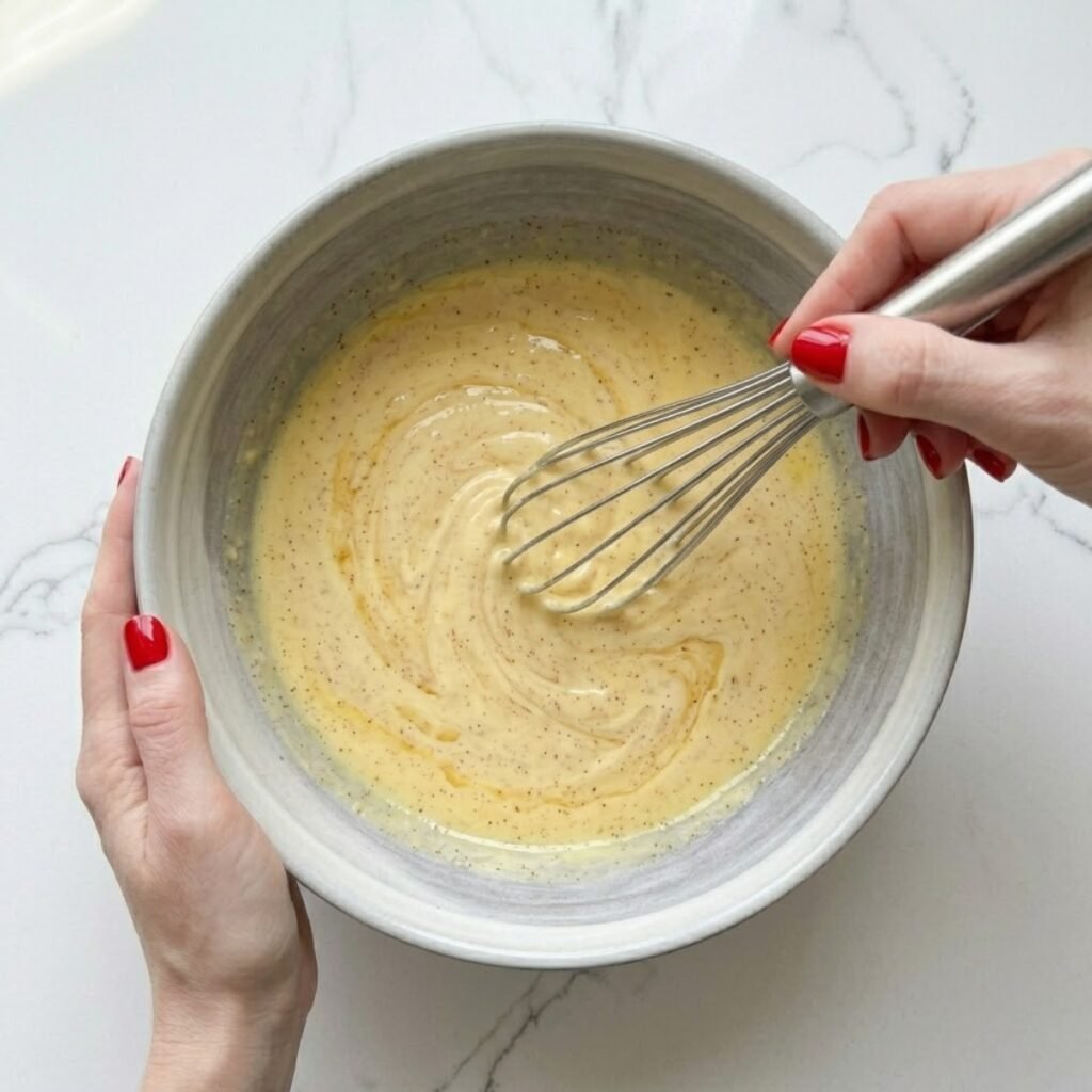 An overhead close-up view of a hand with classic red nails whisking eggs, whole milk, heavy cream, sugar, vanilla, and cinnamon inside a large ceramic mixing bowl on a white marble counter until pale yellow and fully combined.