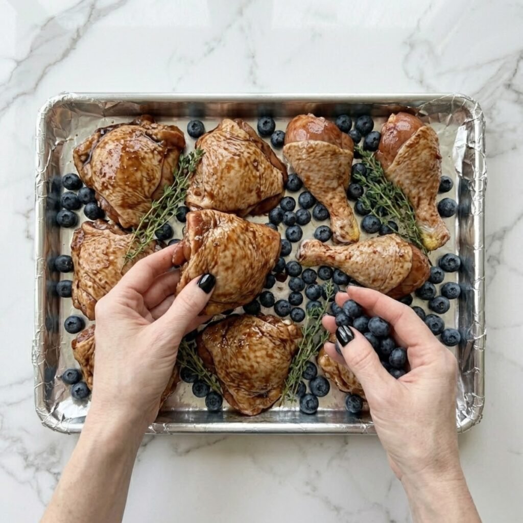 Close-up overhead view of hands with glossy black nails arranging raw, bone-in chicken thighs and scattering fresh blueberries and thyme sprigs onto a large rimmed sheet pan lined with foil on a white marble kitchen counter.