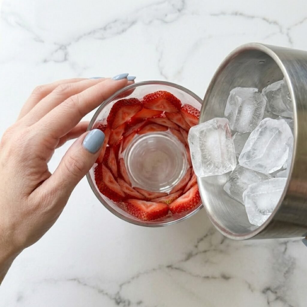 Close up overhead top down view of a woman with fog blue nails using a hand mixer to whip heavy whipping cream into soft, billowy peaks inside a premium ceramic mixing bowl on a marble counter.