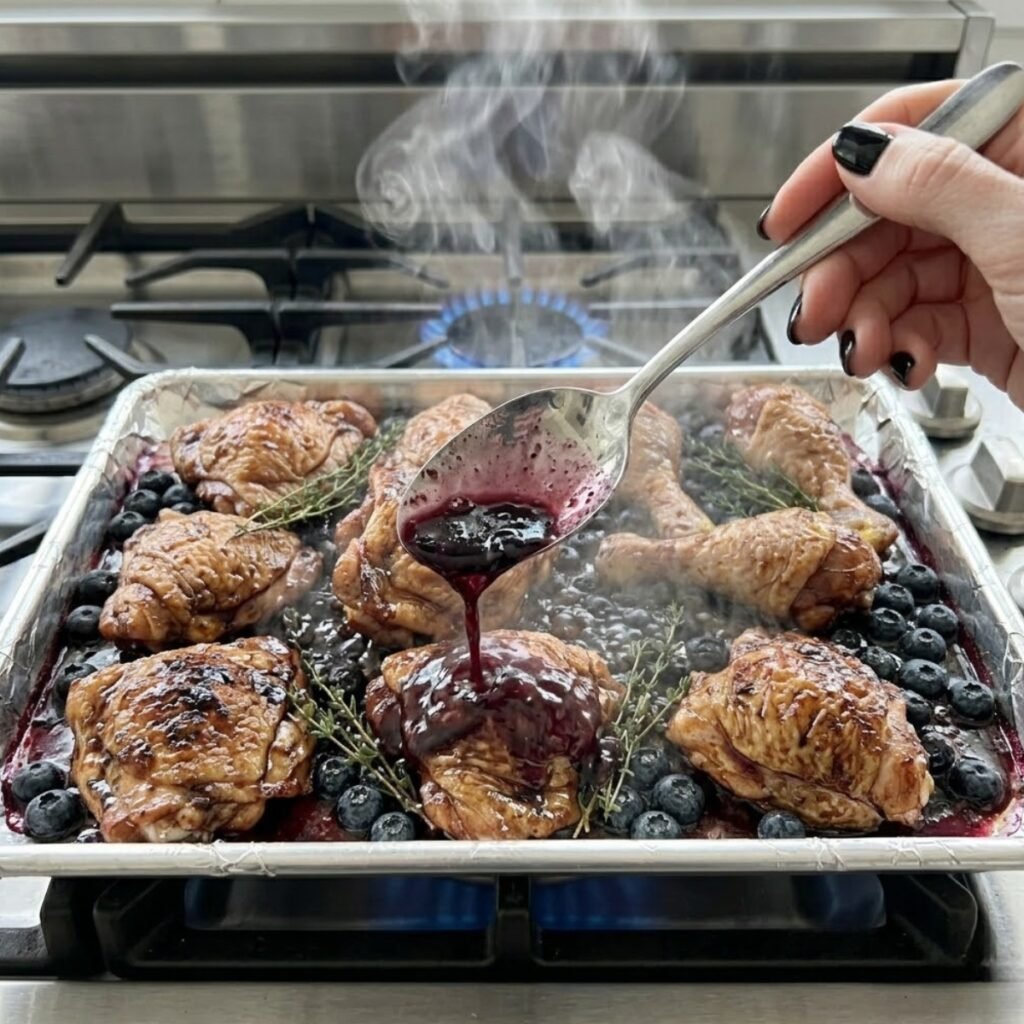 Tight close-up dynamic view of hands with glossy black nails using a spoon to baste dark, bubbling purple blueberry juices over caramelized skin-on chicken thighs in a sizzling skillet on a gas stovetop with a visible blue flame. Intense steam.