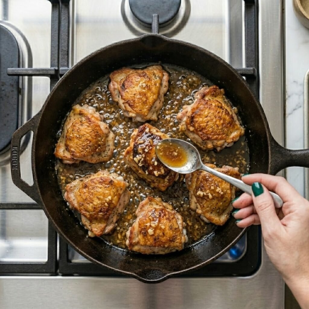 A tight crop, overhead photo on a stovetop of golden brown chicken thighs basted with a bubbling honey butter glaze in a cast iron skillet, with a woman's hand with emerald green nails using a spoon to coat the meat.