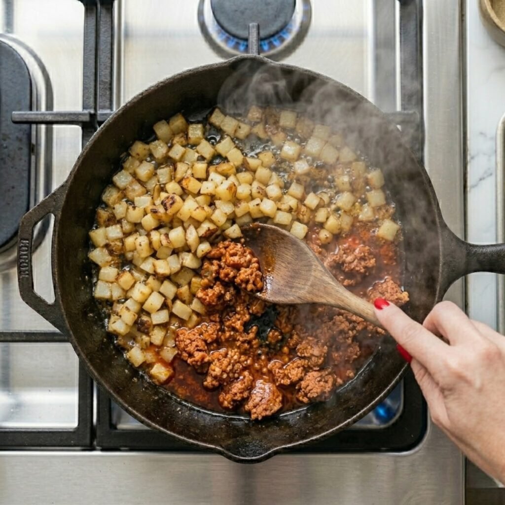 Overhead top-down photograph in the dark cast iron skillet on the stovetop. Diced potatoes are pushed aside; fresh Mexican chorizo is actively crumbling and sizzling on the right. A woman's hand with red nails breaks up the meat with a wooden spoon.