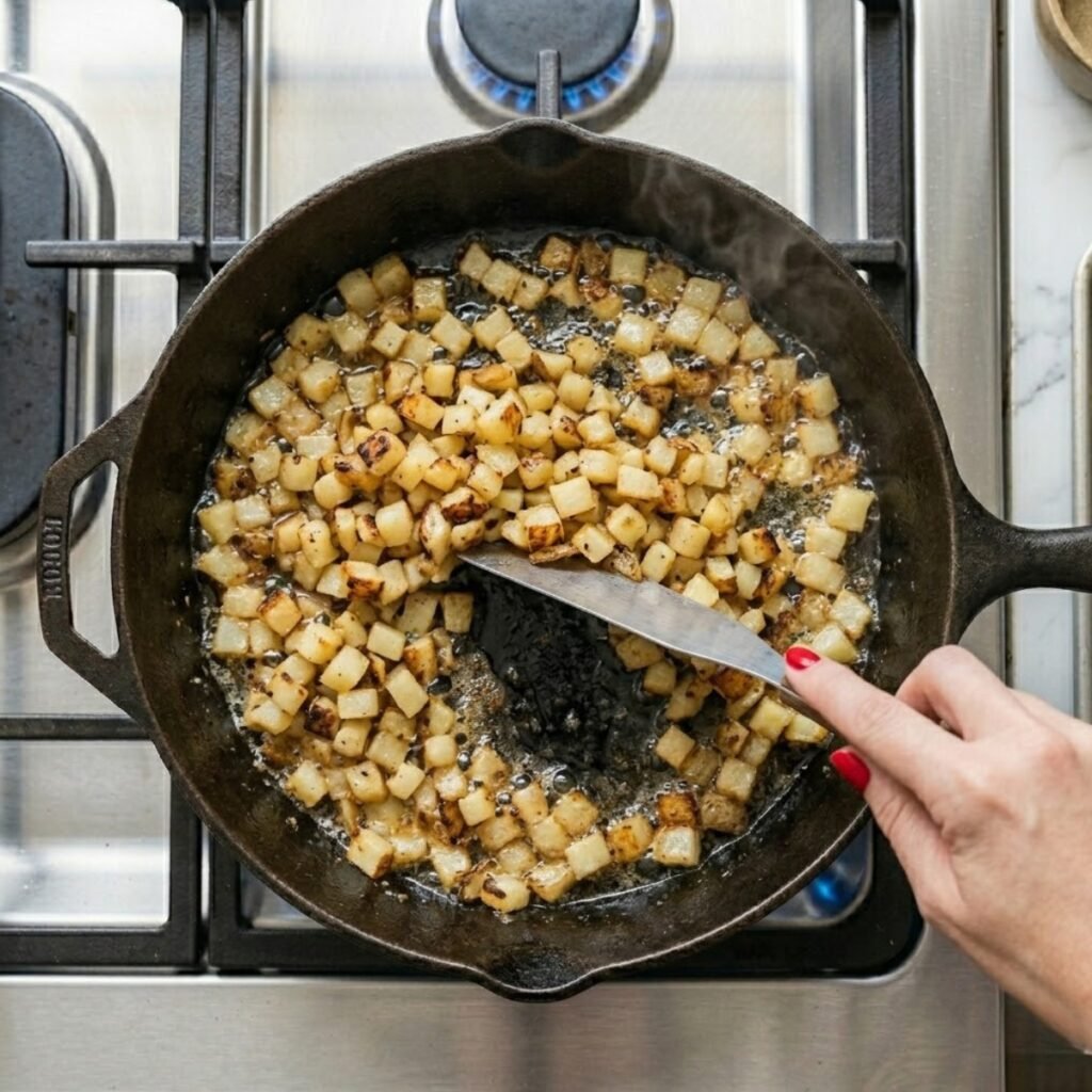 Overhead top-down photograph of diced Russet potatoes actively sizzling in a dark cast iron skillet on a stainless steel gas stovetop, with light steam and sizzling oil. A woman's hand with classic red nails uses a spatula to turn them.