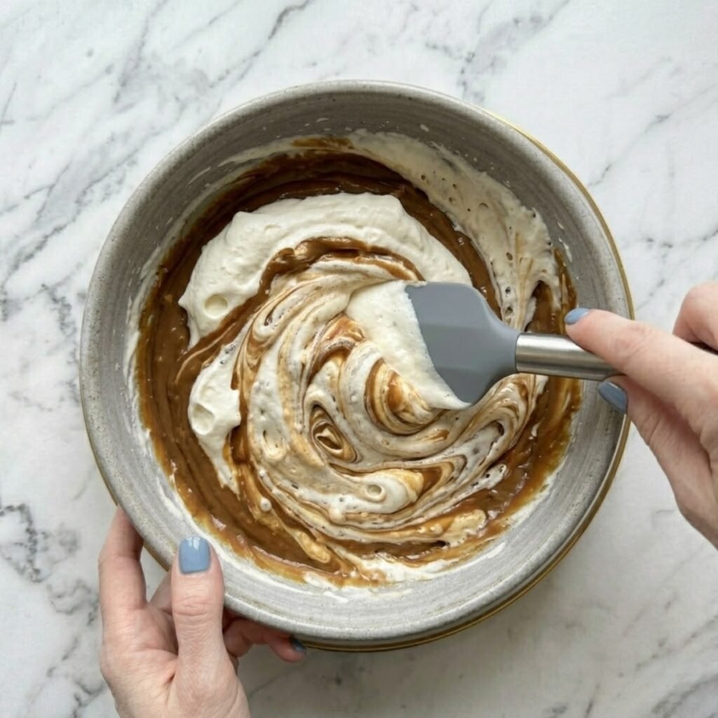 Close up overhead top down view of hands with fog blue nails using a silicone spatula to gently fold airy soft-peak whipped cream from a ceramic bowl into thick dulce de leche in a grey bowl on a white marble counter, creating merging swirled textures.