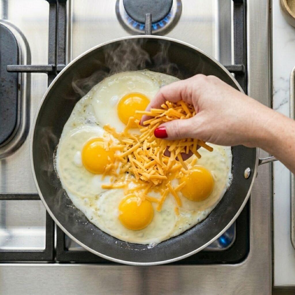 Overhead top-down photograph in a separate non-stick skillet on the stovetop. Four sunny-side up eggs are frying. A woman's hand with red nails carefully drops a large handful of shredded cheddar cheese over the hot yolks, where it is visibly starting to melt and become gooey.