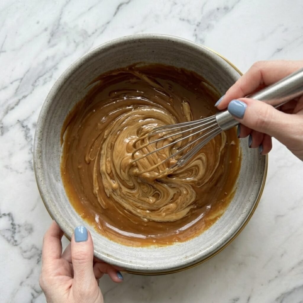 Close up overhead top down view of a woman with fog blue nails using a whisk to stir a clear liquid gelatin into a grey bowl of room-temperature dulce de leche on a white marble counter, creating swirled textures.