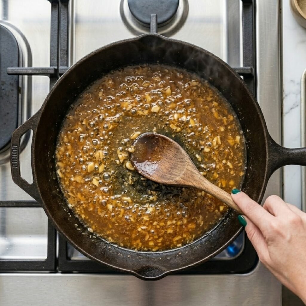A high-resolution, overhead close-up shot on a stovetop of a bubbling, glossy honey butter sauce with minced garlic being gently stirred by a woman's hand with emerald green nails in a large cast iron skillet.