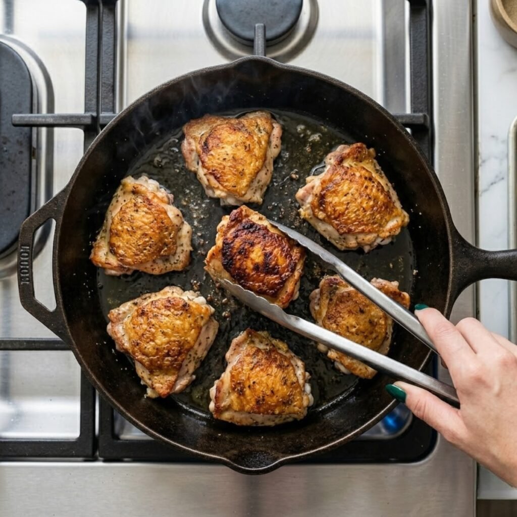 A close-up, overhead view on a stovetop showing boneless chicken thighs with deeply golden brown, crispy skin sizzling in a hot cast iron skillet with oil, with a woman's hand with emerald green nails flipping one thigh with tongs.