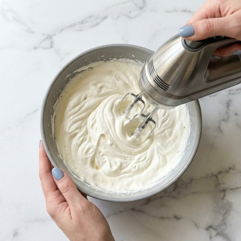 Close up overhead top down view of a woman with fog blue nails using a hand mixer to whip heavy whipping cream into soft, billowy peaks inside a premium ceramic mixing bowl on a marble counter.