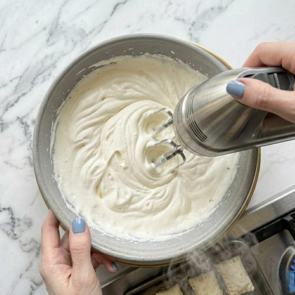 Close up overhead top down view of a woman with fog blue nails using an electric hand mixer to whip heavy cream inside a chilled large ceramic bowl on a white marble counter, creating airy, billowing soft peaks. Aggressive steam is rising.