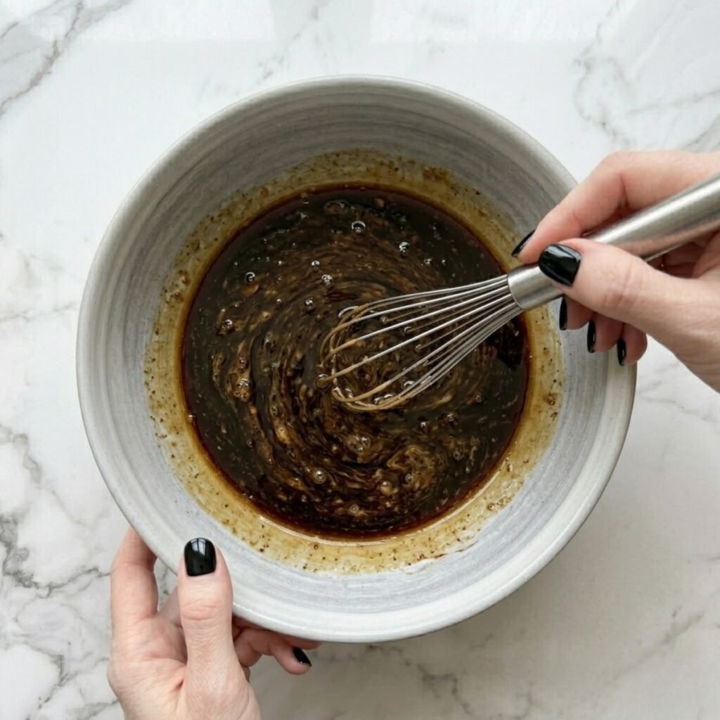 A close-up overhead view of hands with glossy black nails using a whisk to combine honey, balsamic vinegar, garlic, and olive oil into a glossy marinade for chicken inside a large ceramic bowl on a white marble counter.