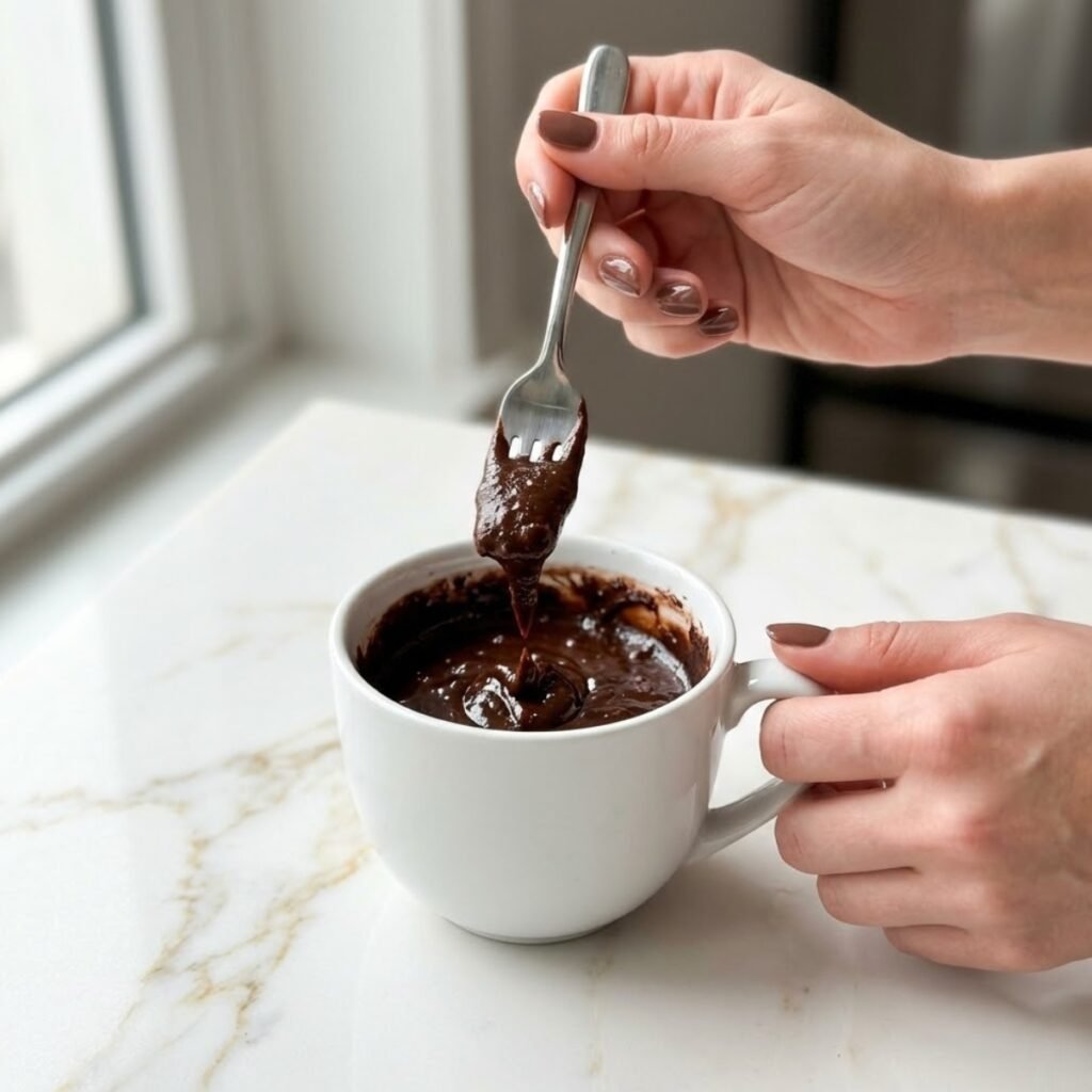 An instructional close-up showing exactly how thick the mug brownie batter should look before it goes into the microwave.
