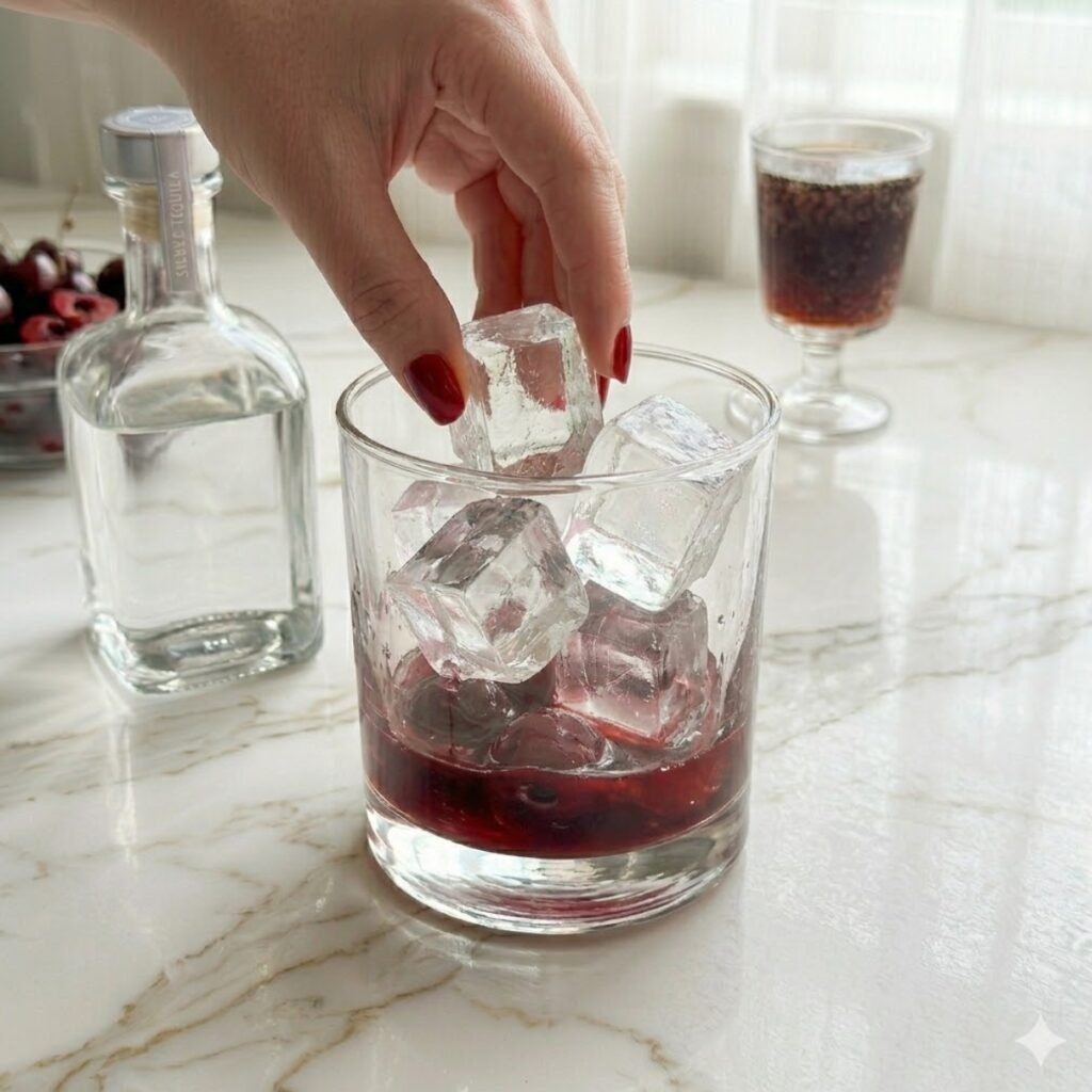 A detailed action shot illustrating the process of packing the glass with large ice cubes before adding the spirit.