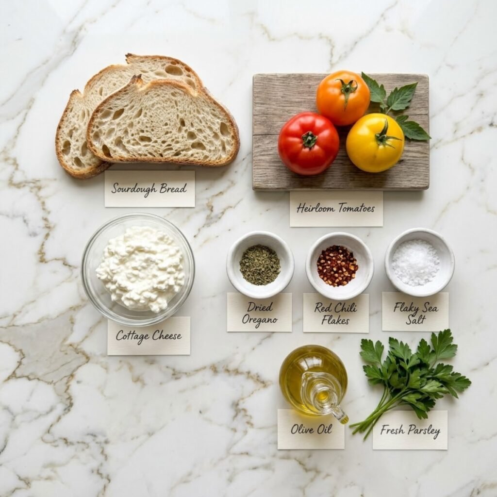 A professional mise en place shot showcasing the fresh produce and staples needed for a creamy, crispy Air Fryer Cottage Cheese Tomato Toast.