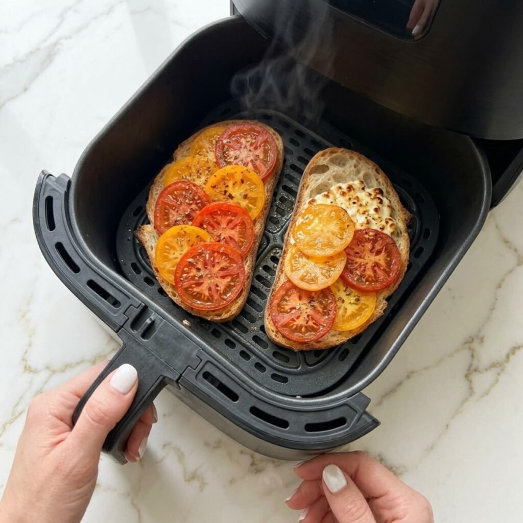 Showcasing the air frying stage where the sourdough becomes perfectly crisp and the toppings are warmed and set.