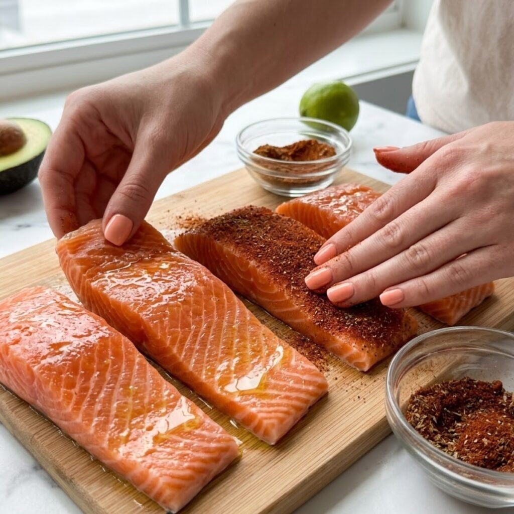 An instructional close-up showing how to evenly coat and press the smoky spice rub onto the salmon for a perfect sear.